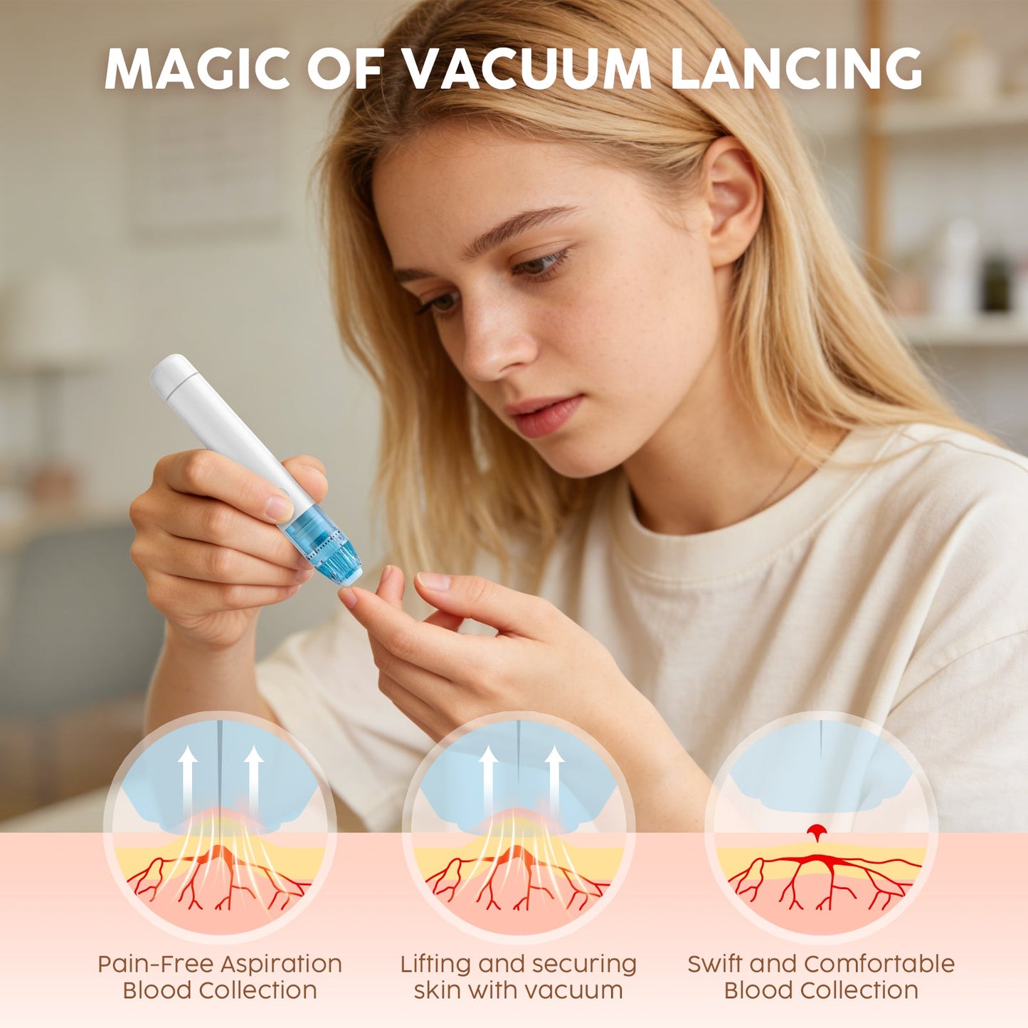 UCUNEZ Vacuum Lancing Device for Blood Glucose Testing – 12 Adjustable Depth Levels